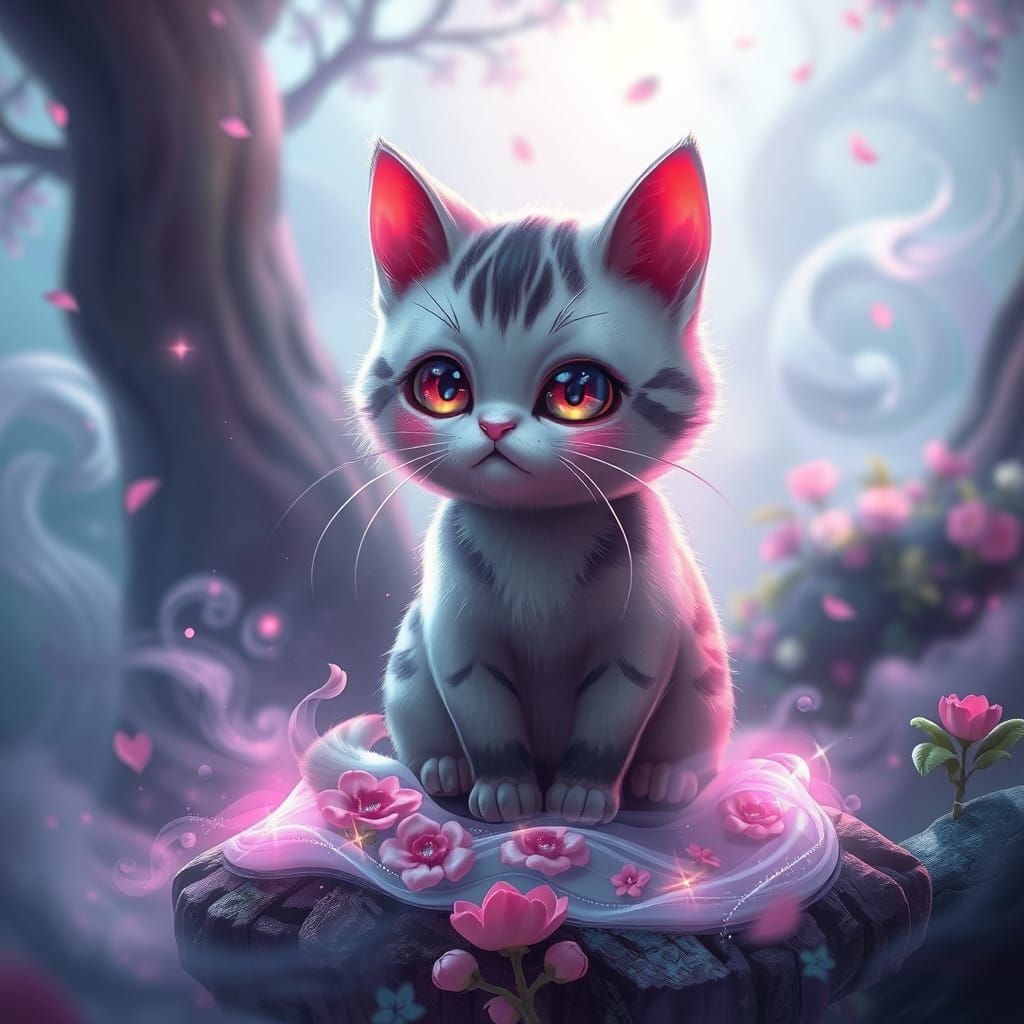 Kawaii Cat in Vibrant Dreamlike Coshan Landscape