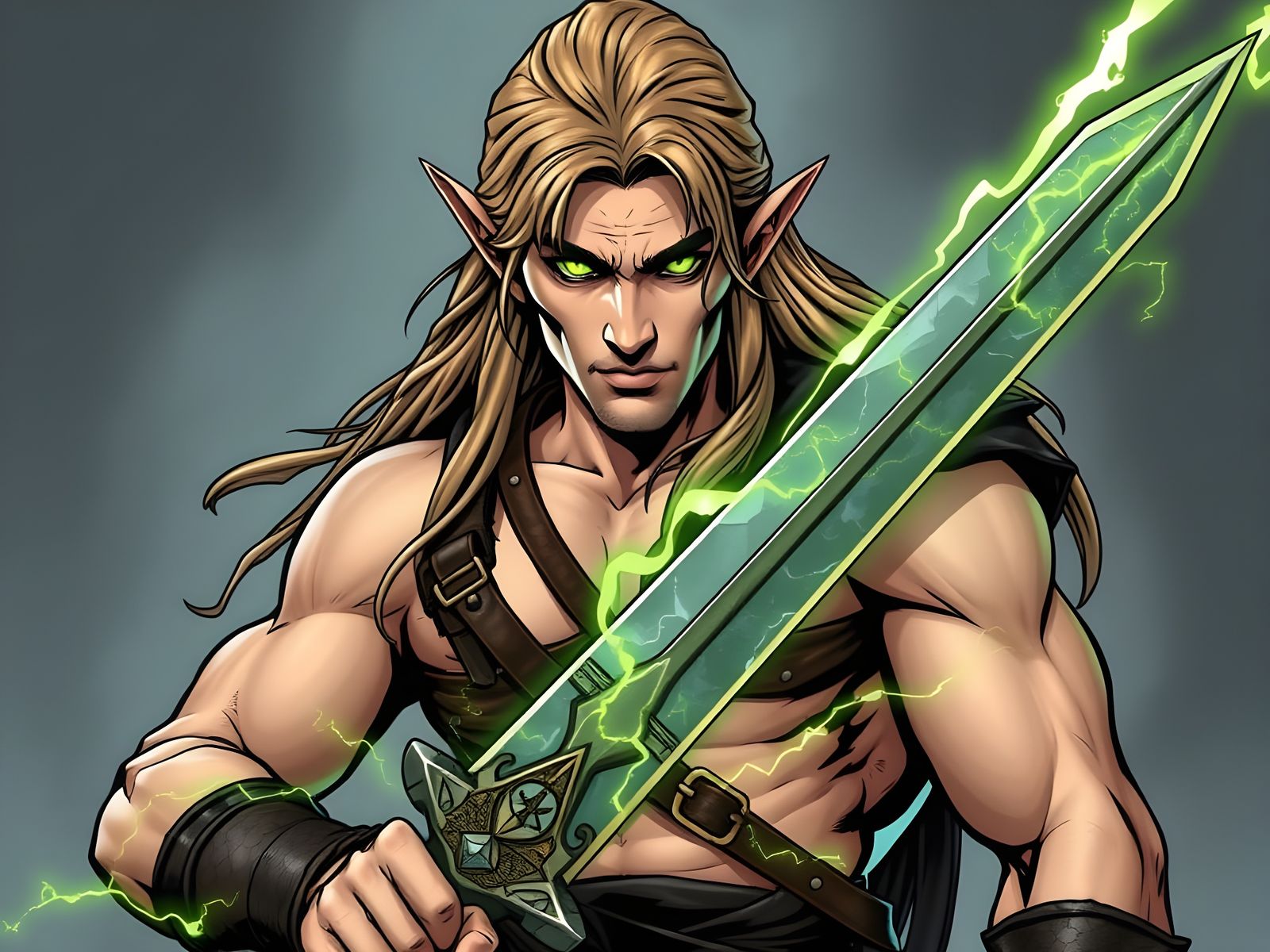 Green-Eyed Elf Warrior Wields Magic Sword