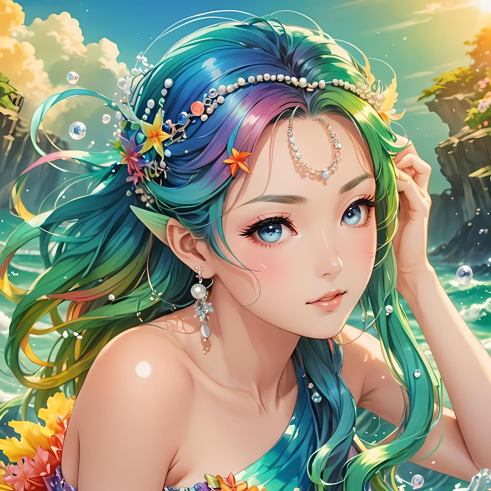 Rainbow Sea Goddess in Anime Style