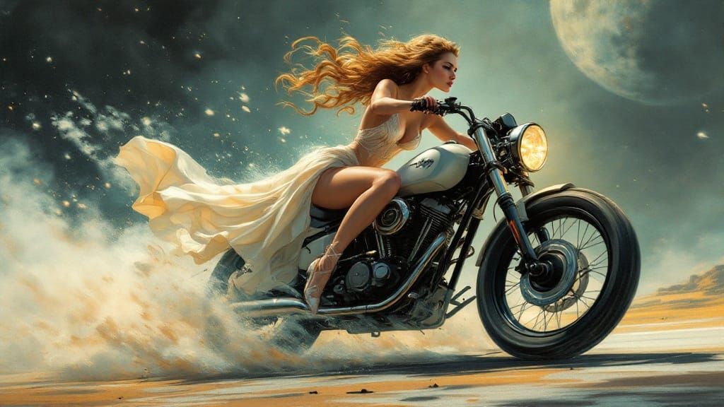 Ethereal Motorcycle Rider Under Moonlit Desert Skies