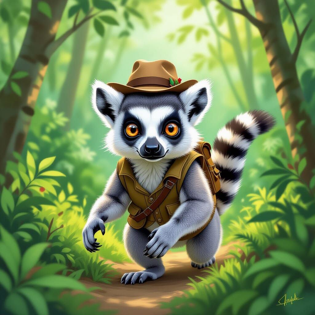 Ring-Tailed Lemur Hunter in Beatrix Potter Style