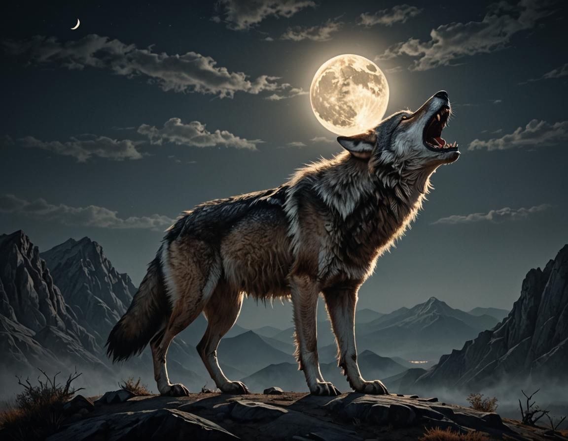 A captivating image of a wild steppe wolf howling under a fu...