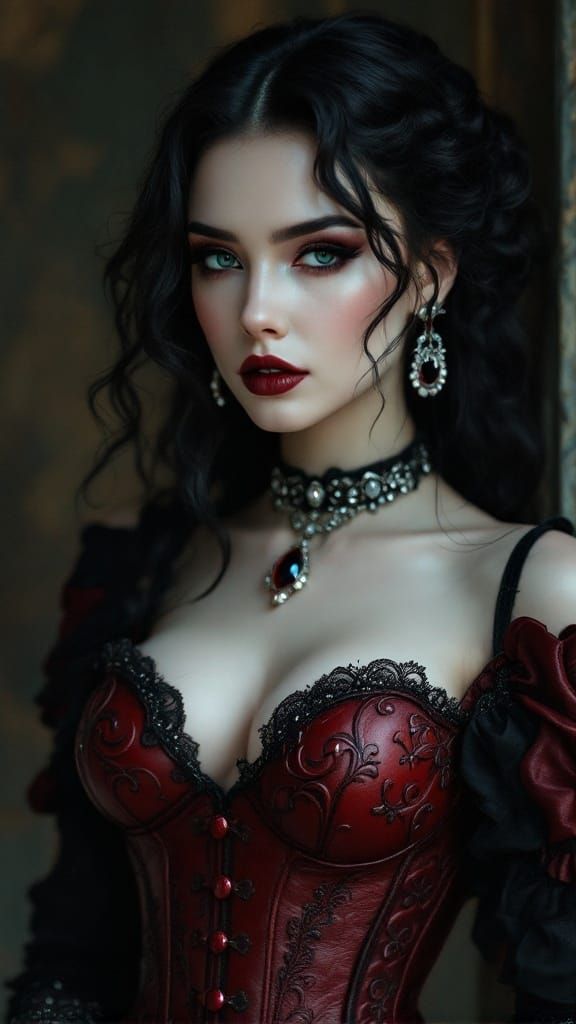 Gothic Lady in Crimson Leather Corset