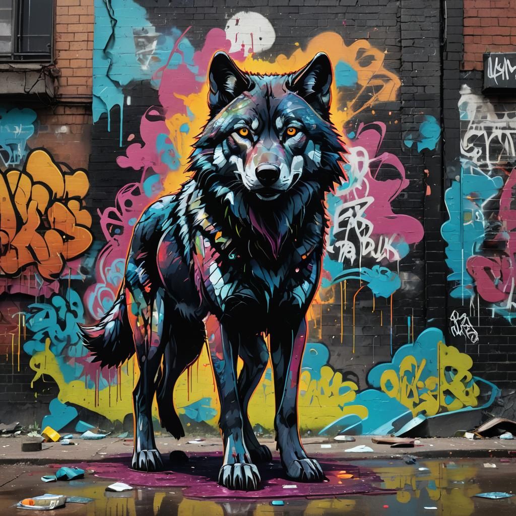 Wolf in Urban Graffiti Landscape, Murakami Style