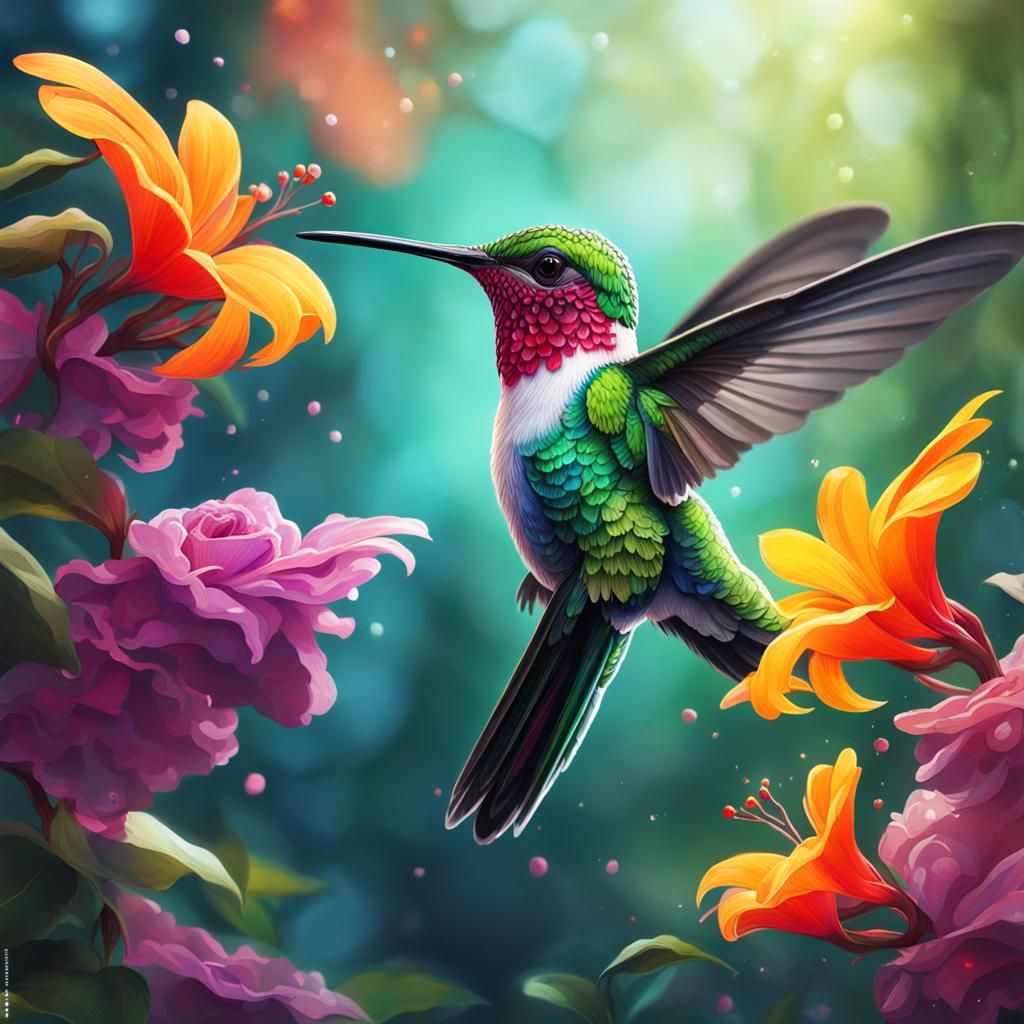 Hyperrealistic Hummingbird in Forest with Flowers