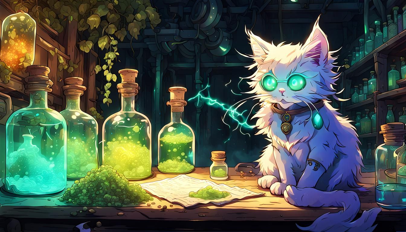 Bioluminescent Catnip in Alchemist Lab, Anime Style
