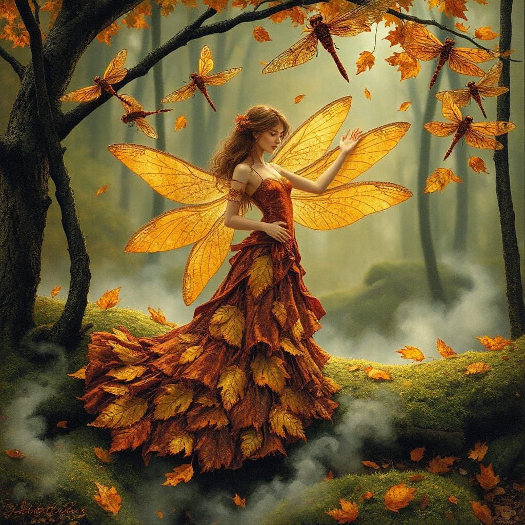 Autumn Dragonfly Dryad in Fading Forest