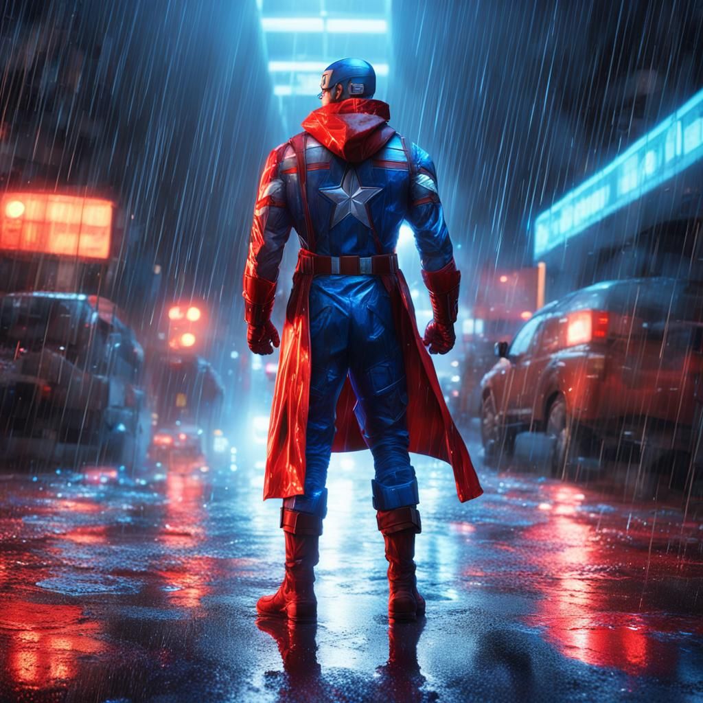 Captain America in Neon Raincoat: Hyperrealistic Anime Art
