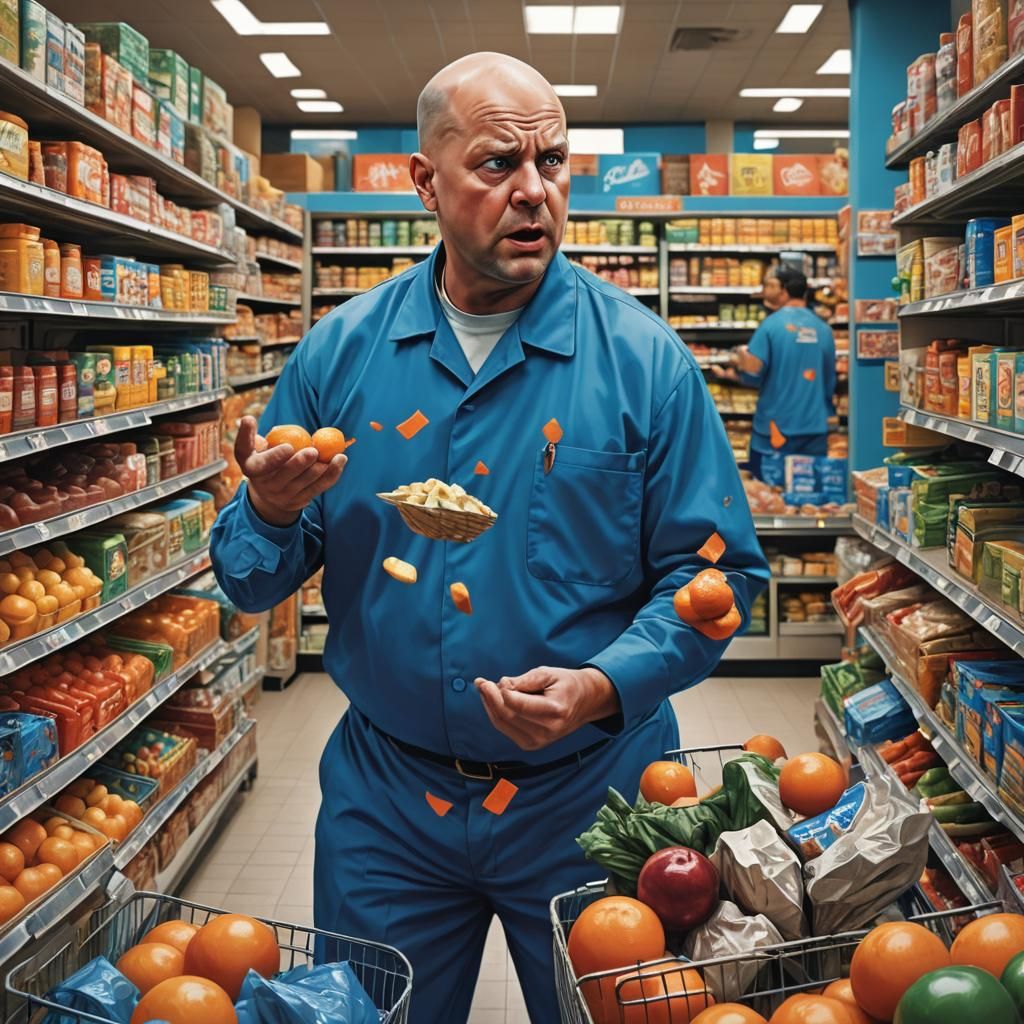 Stressed Man Juggling Tasks in Supermarket Chaos