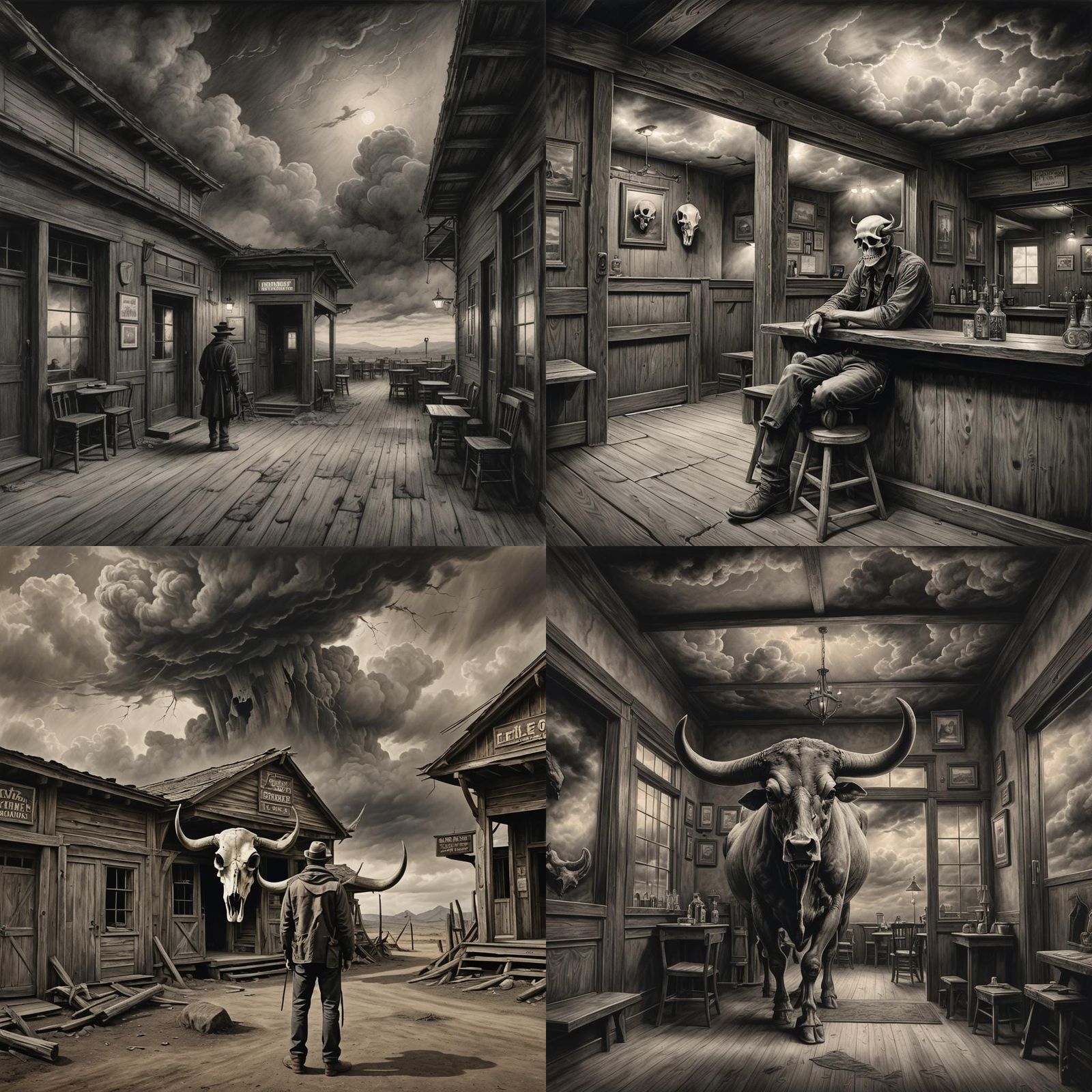 Hyperdetailed Charcoal Drawing of Spooky Saloon