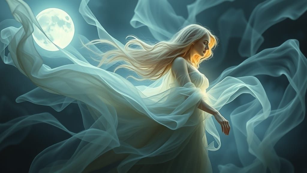 Ethereal Wraith Emerges from Moonlit Mist in Golden Blond Ha...