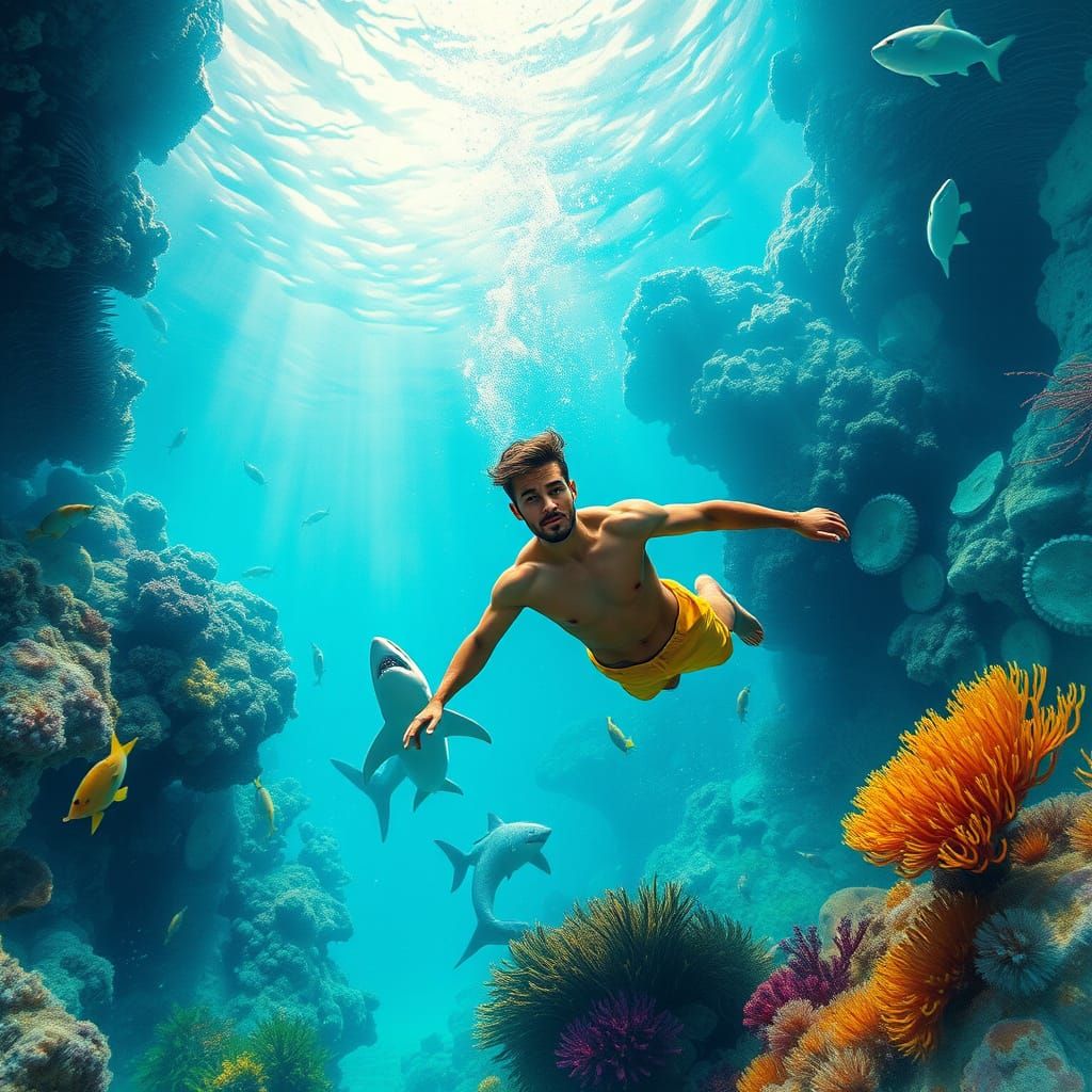 Vibrant Digital Art Depicts Man Swimming in Shark-Infested T...
