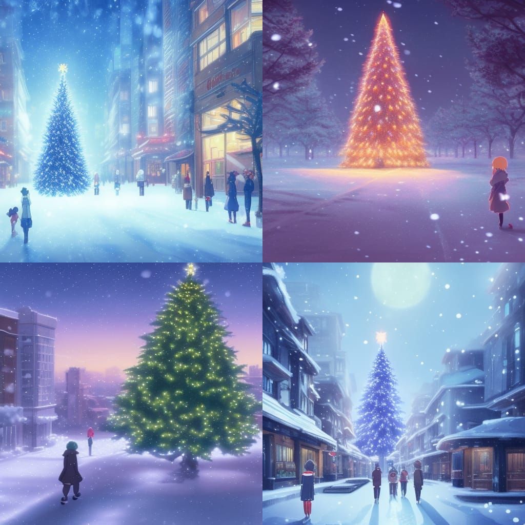 Winter City Christmas Tree in Studio Ghibli Style