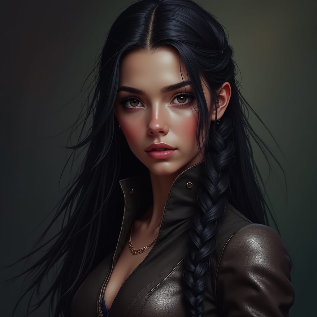 Hyperrealistic Portrait of a Captivating Woman in Flight Lea...