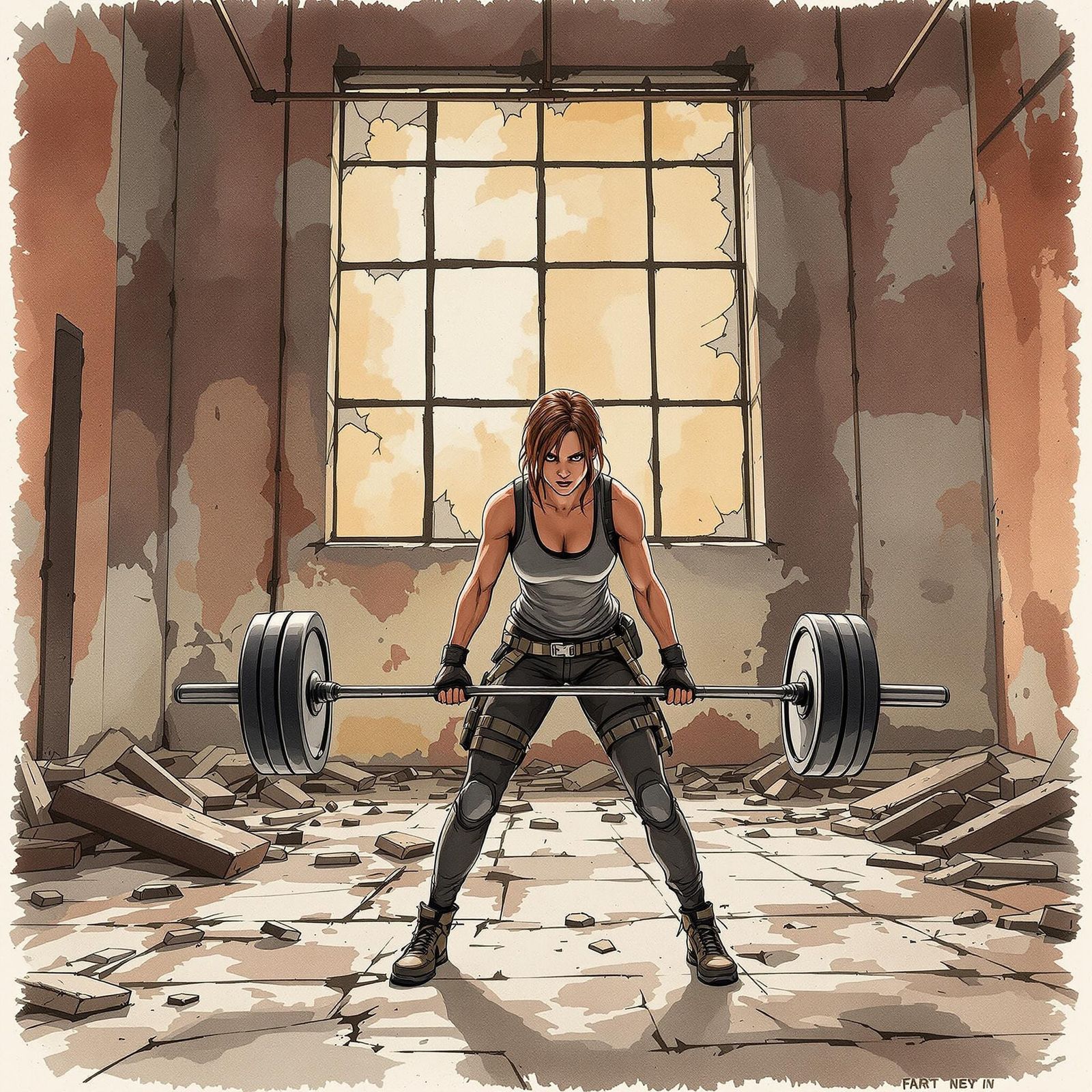 Abby Lifts Barbell: Watercolor Silhouette in Ruined Gym