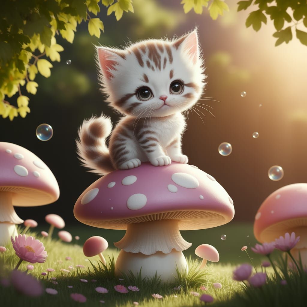 Adorable Kitten on Mushroom in Kawaii Art Style