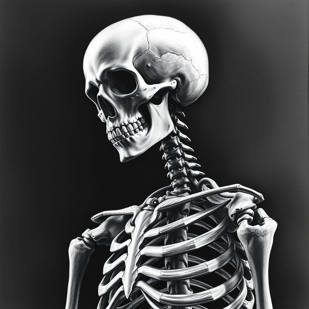 Dramatic Skeleton Charcoal Rendering in Dark Elegant Style