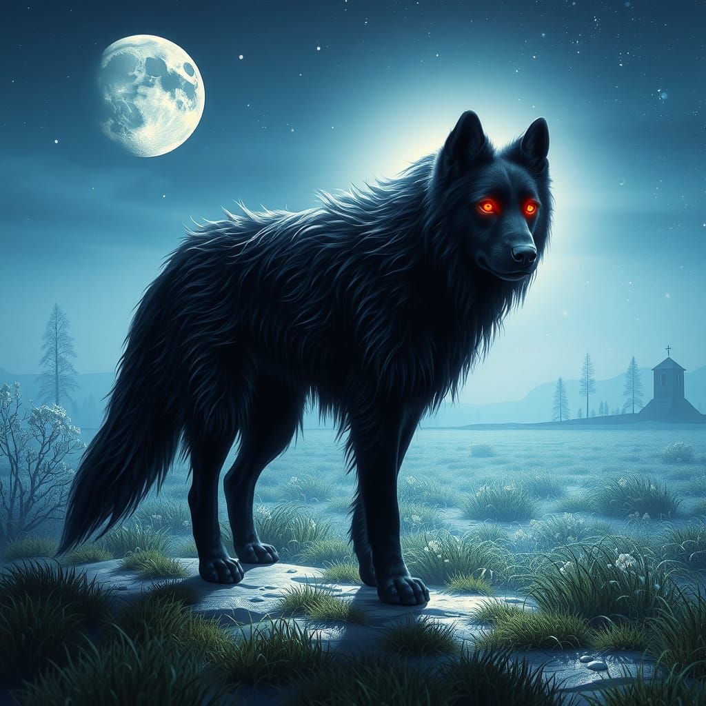 Majestic Black Dog in Moonlit Meadow