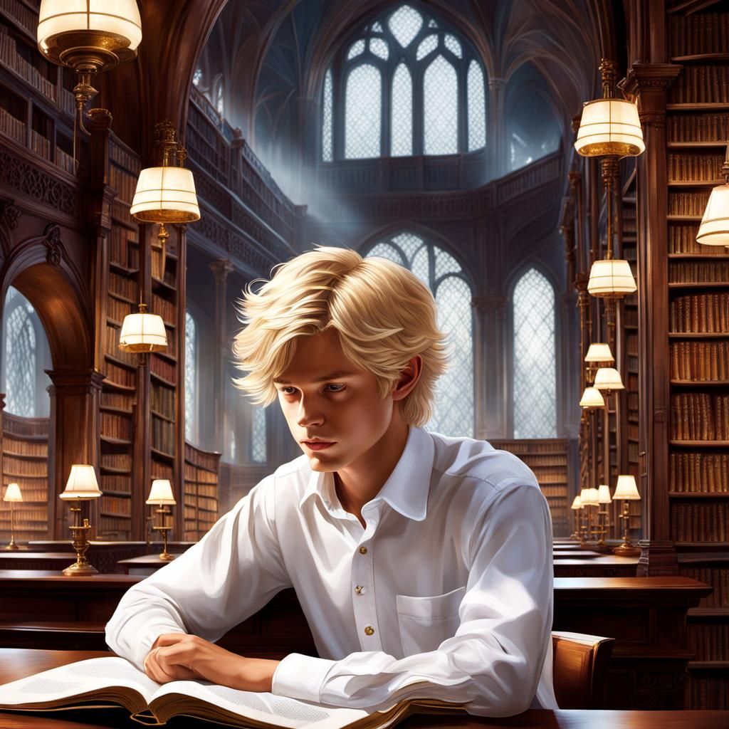 Boy Reading in Magical Library Matte Painting