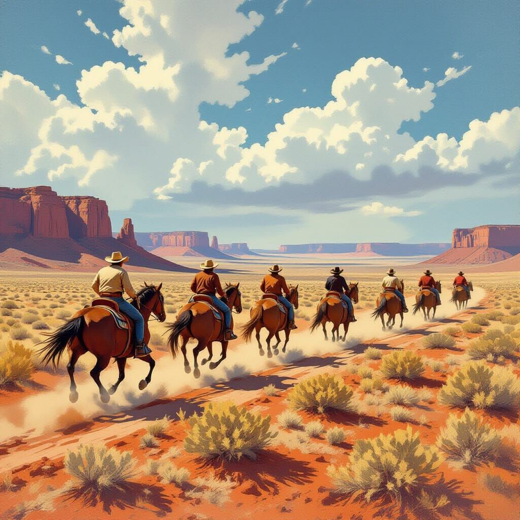 Cowboys Chase Wild Horses Across Desert Landscape