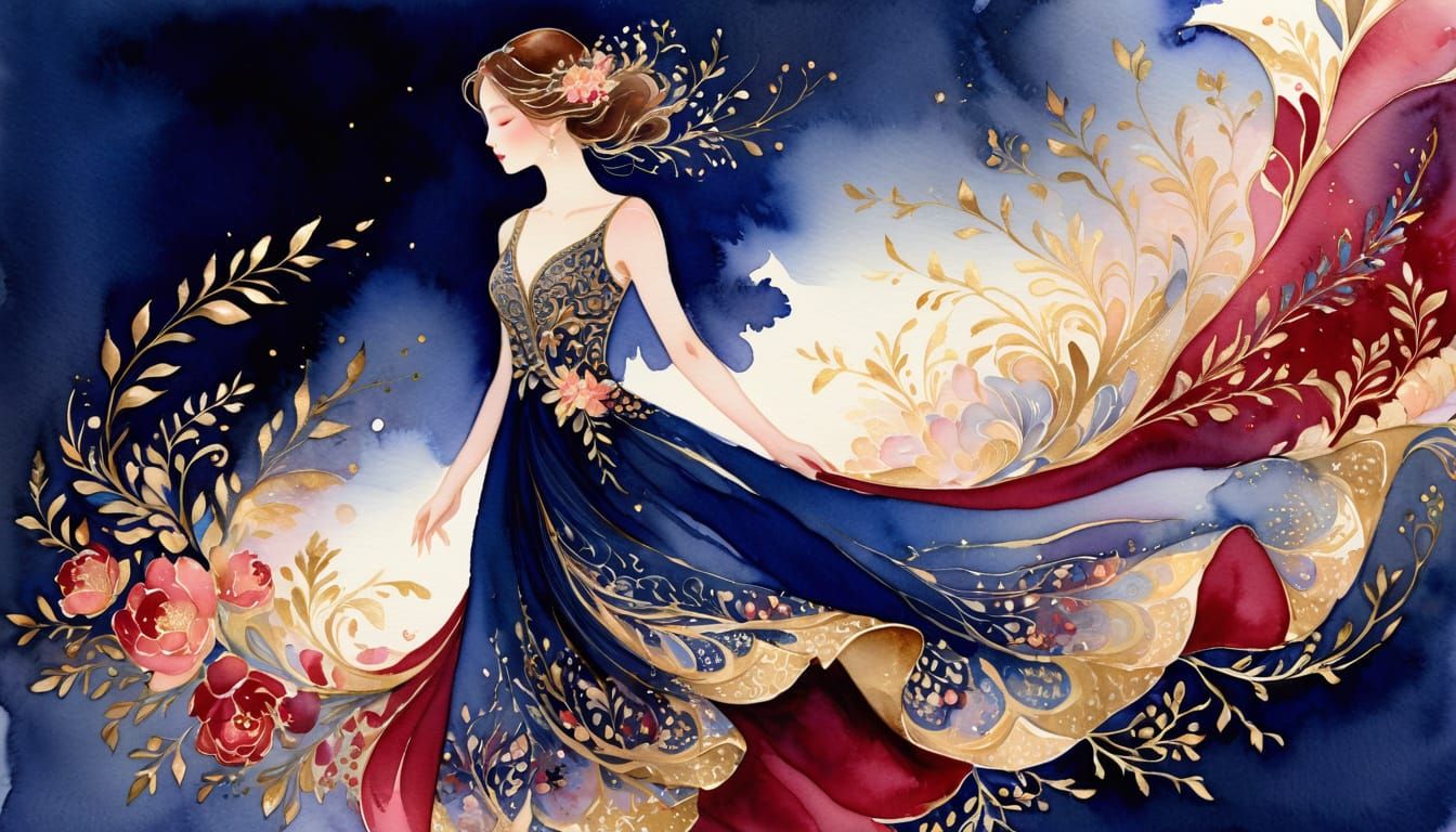 Elegant Woman in Watercolor with Gold Filigree