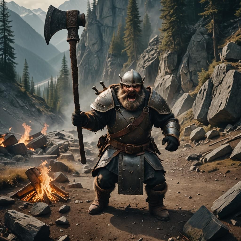 Furious Dwarf Warrior with Axe, Cinematic Film Still