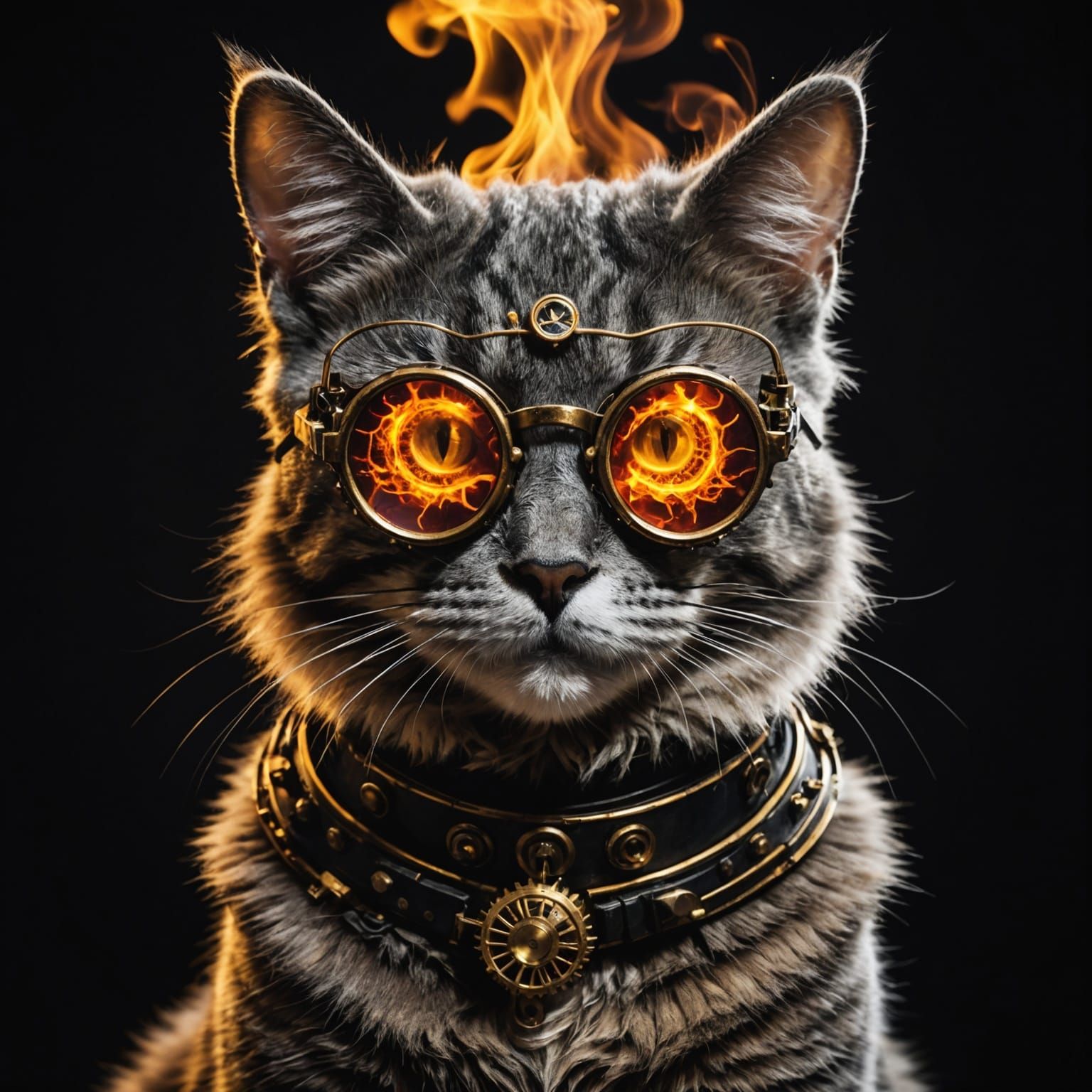 Steampunk Cat in Double Exposure with Fire and Smoke
