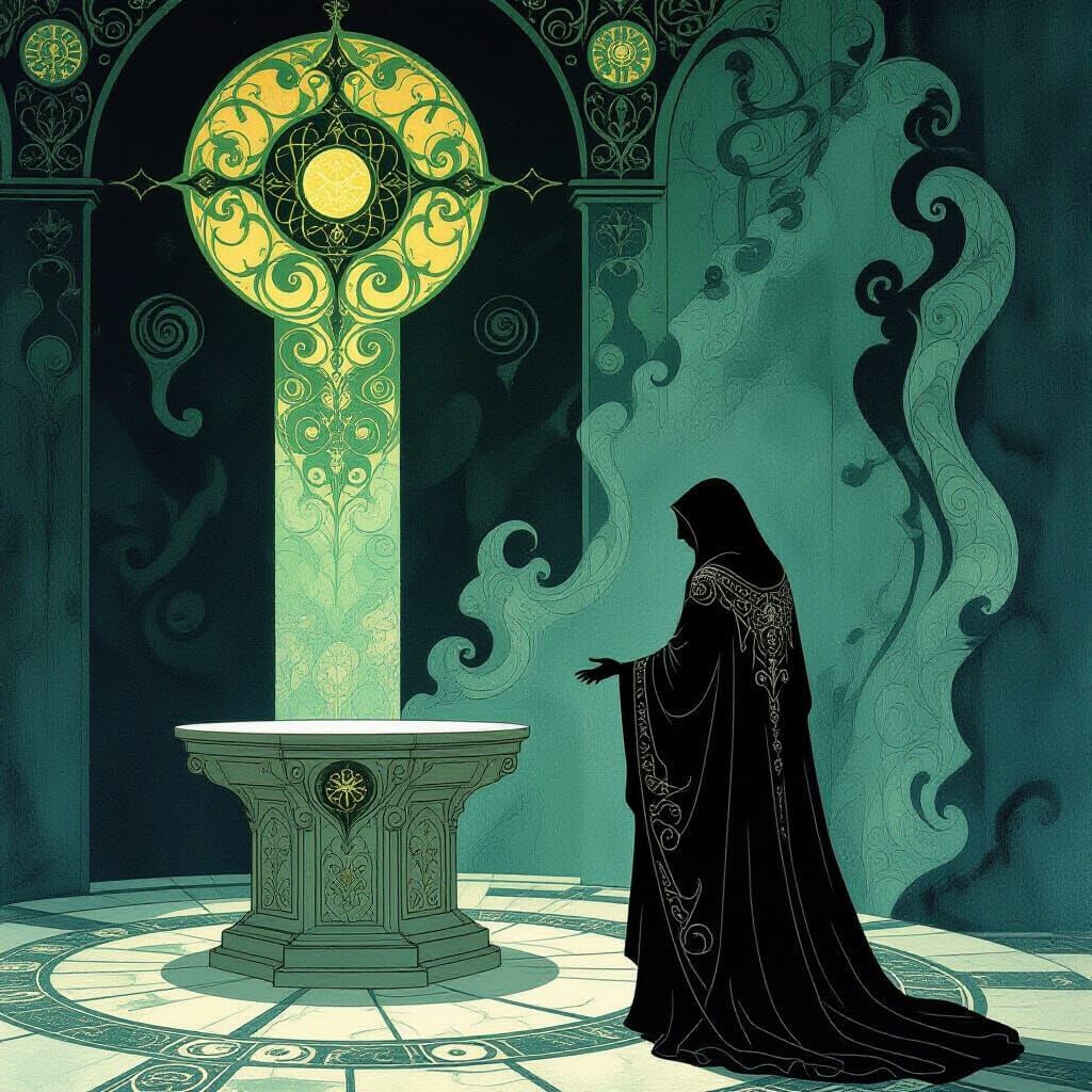 Eldritch Figure at Occult Altar in Art Nouveau Style