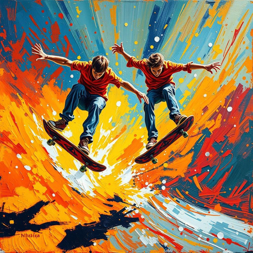 Impasto Skateboarders in Vibrant Orange Hues