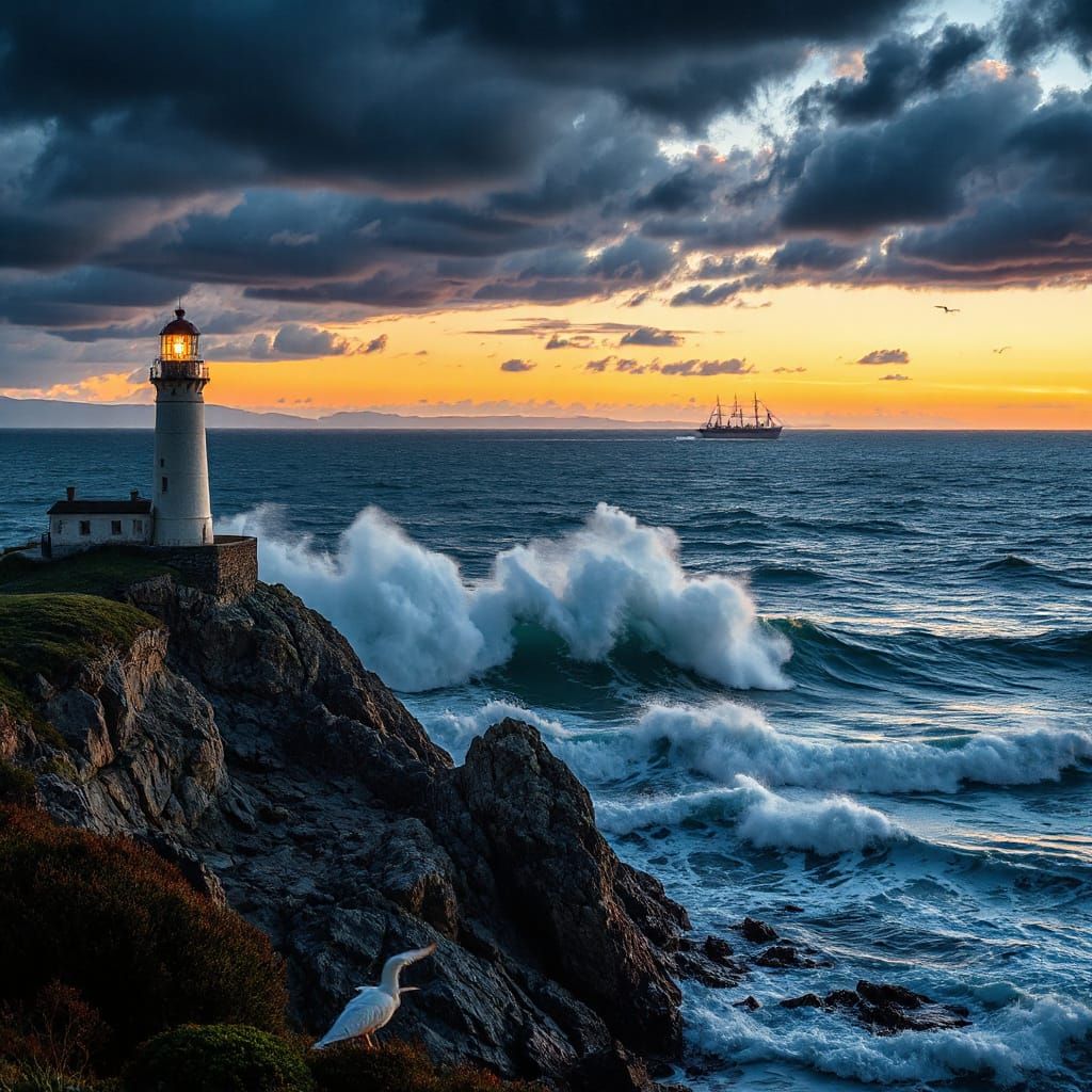 Lighthouse at Twilight: Waves Crashing, Cinematic Colors