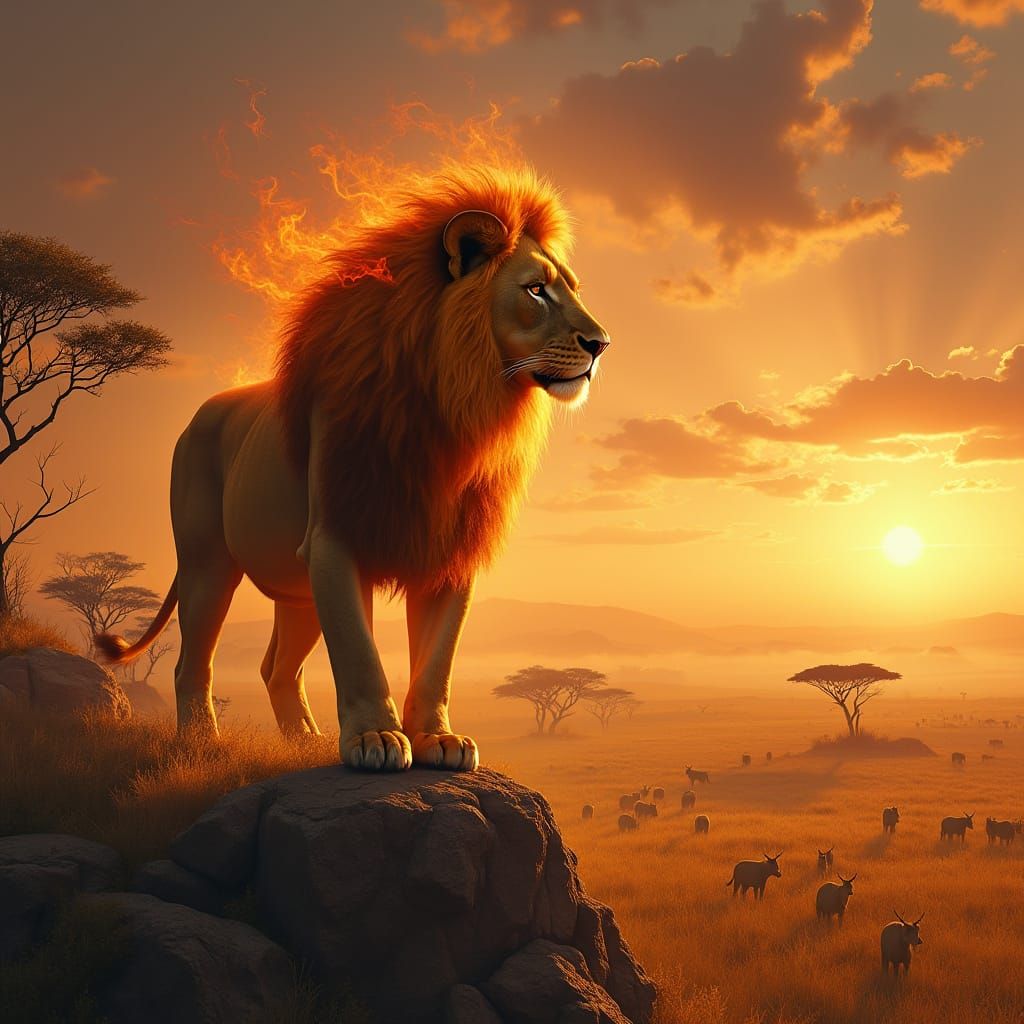 Regal Lion Standing on Rocky Outcropping, Surrounded by Gold...