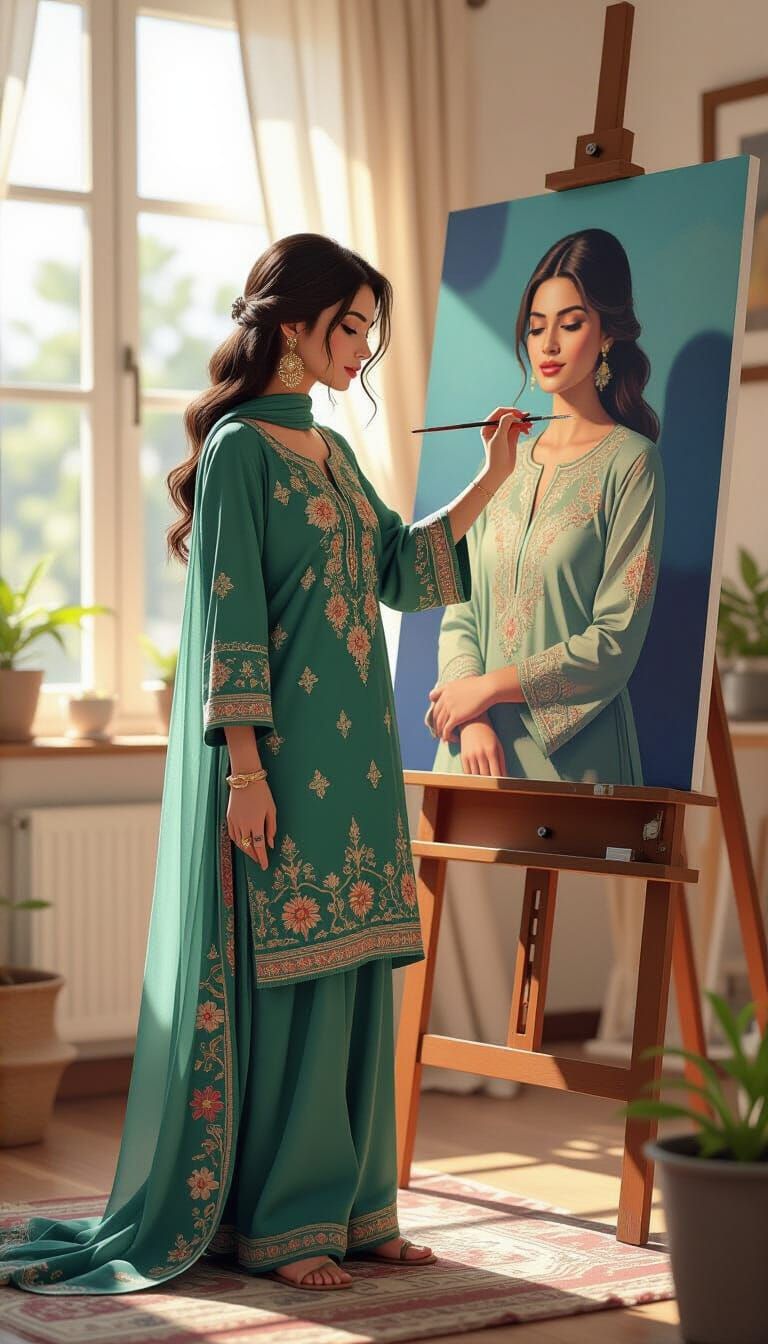 Artist Paints Model in Traditional Pakistani Attire