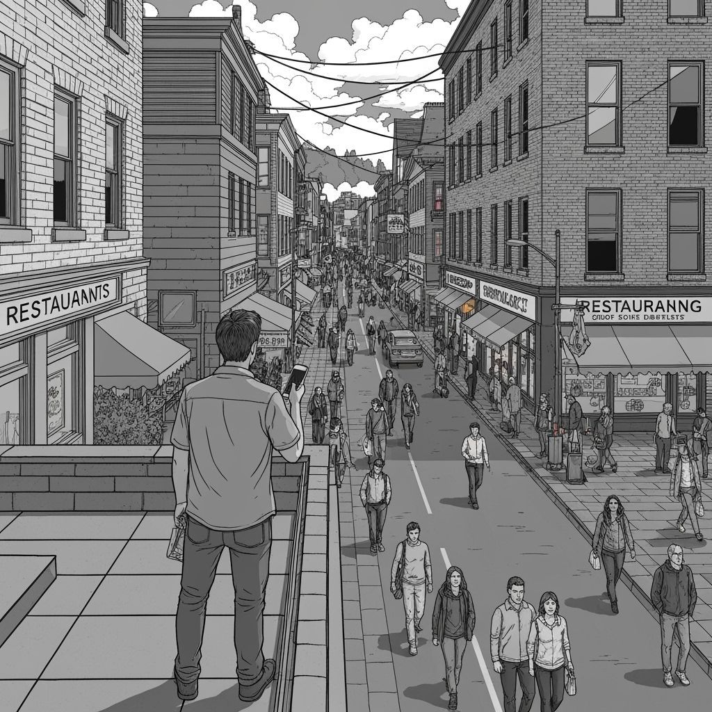 Rooftop View of Bustling Street in Hypersurreal Style