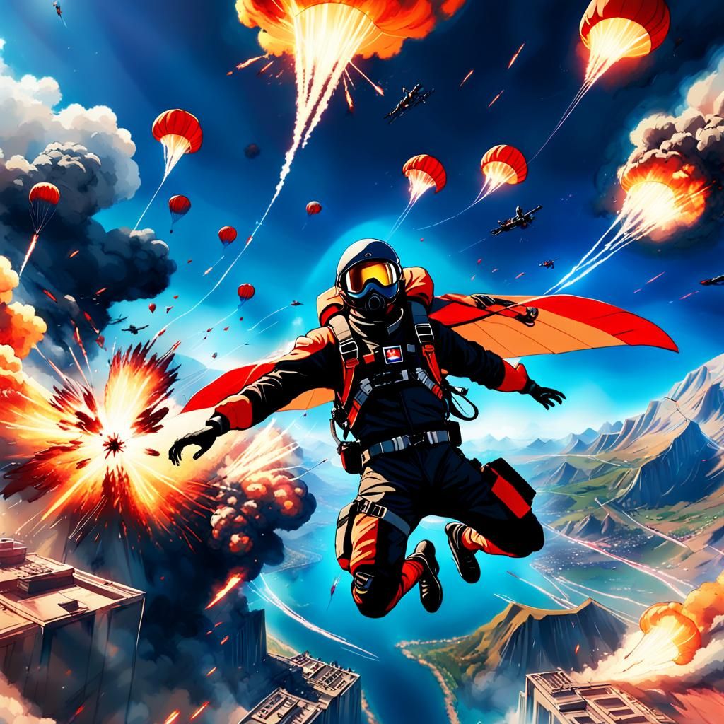 Anime Skydiver in Wingsuit, Explosive War Scene