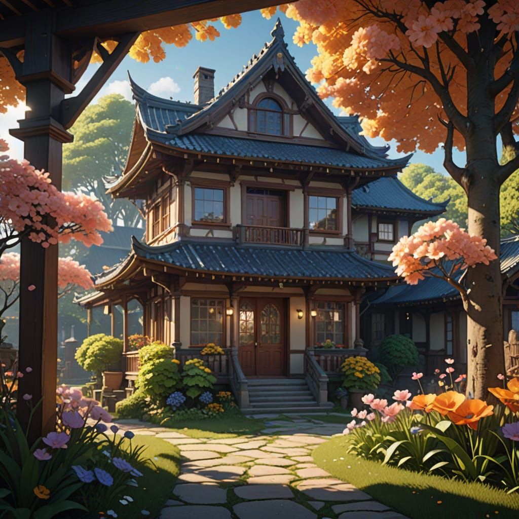 Vibrant Flower House Blossoms in Golden Hour Light