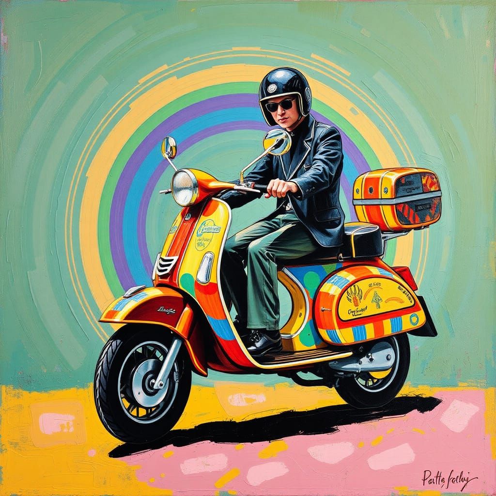 Psychedelic Painting of Mods on Scooters