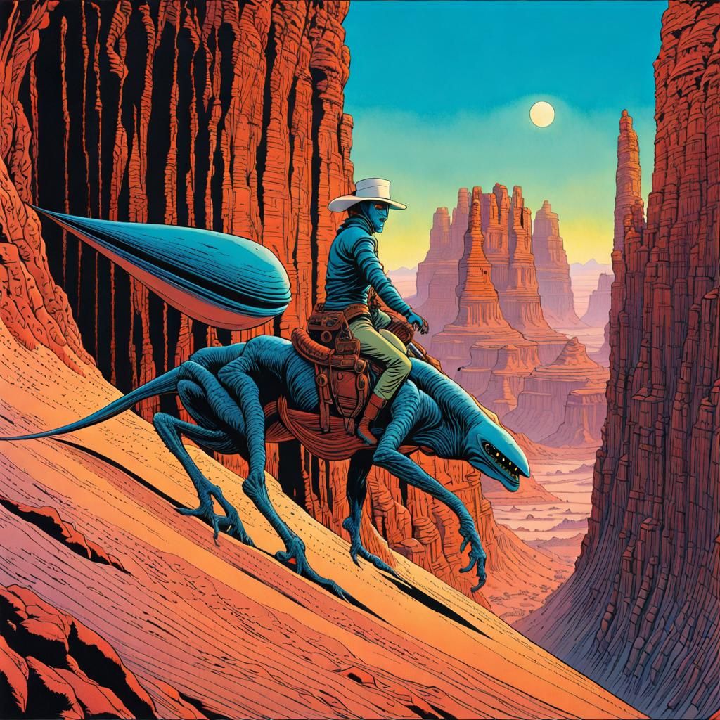 Alien Hero on Mount in Western Sci-Fi Canyon