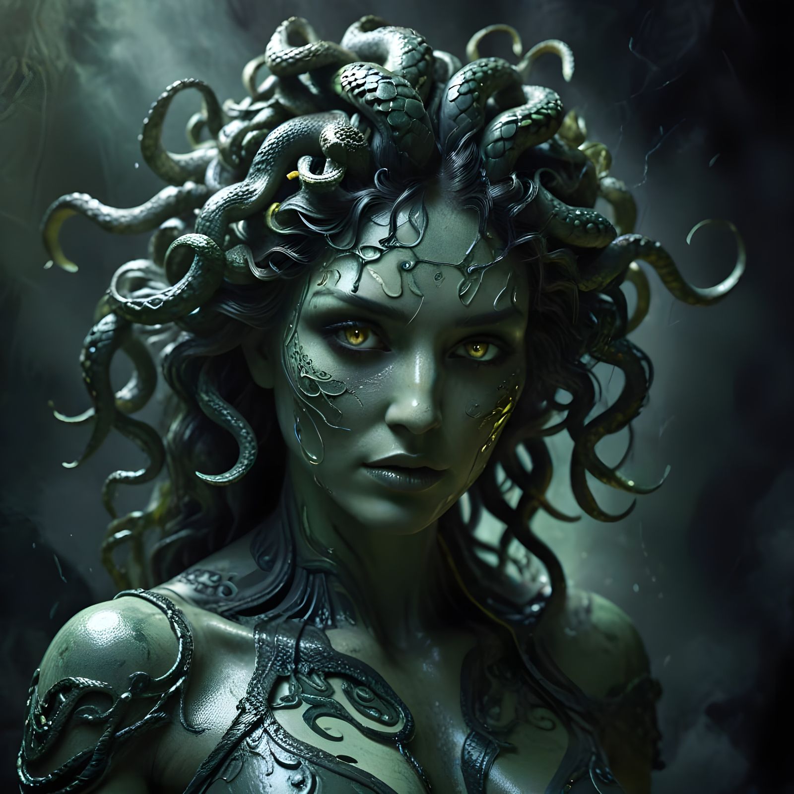 Mystical Medusa Close-Up in Dark Fantasy Watercolor