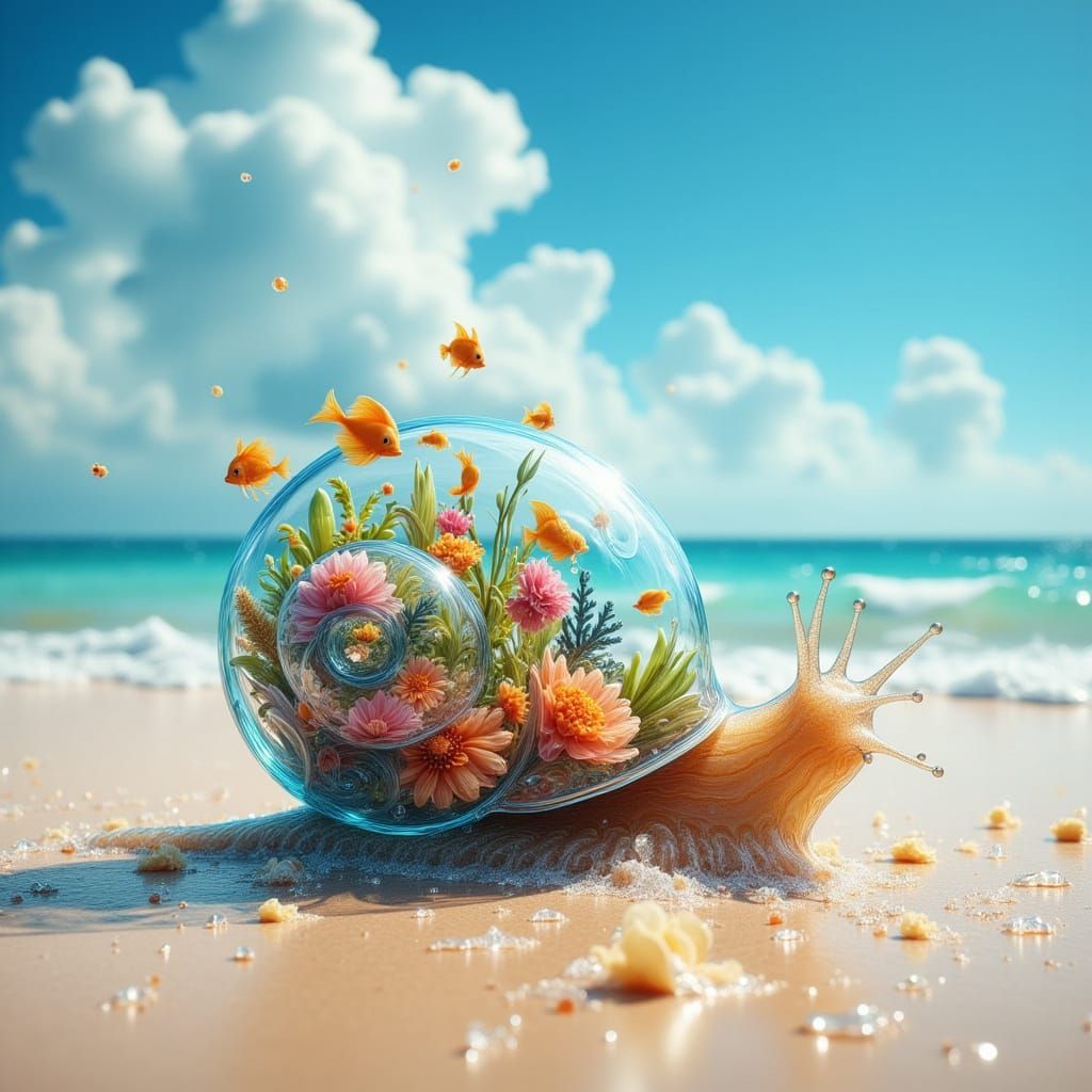 Snail with Tropical Fish Shell on Sunny Beach