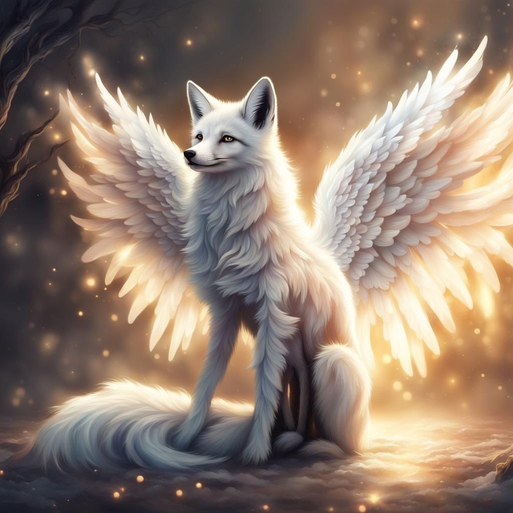 Angelic Fox with Wings in Fantasy Landscape