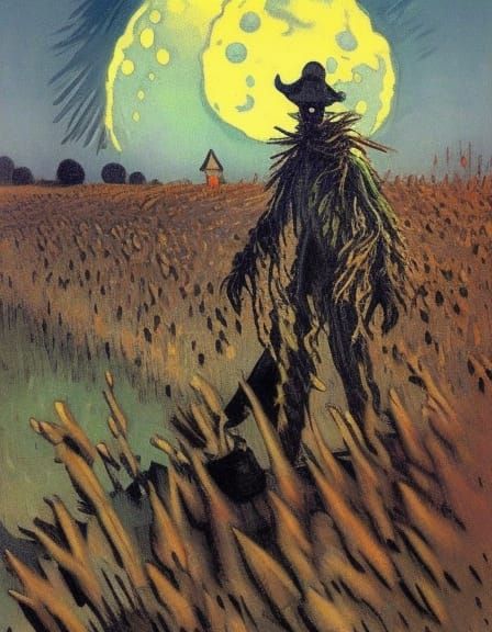 Spooky Scarecrow with Glowing Eyes in Cornfield