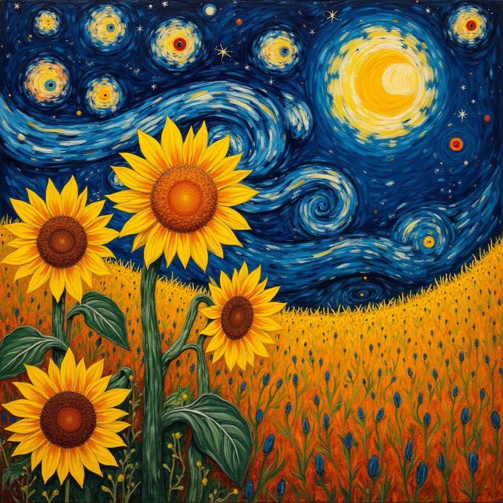 Van Gogh Sunflowers Meet a Miró Cosmic Void