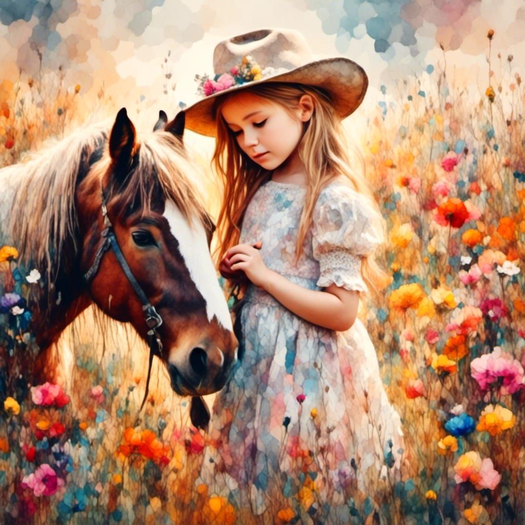 Cowgirl and Pony Portrait as Watercolor Impasto
