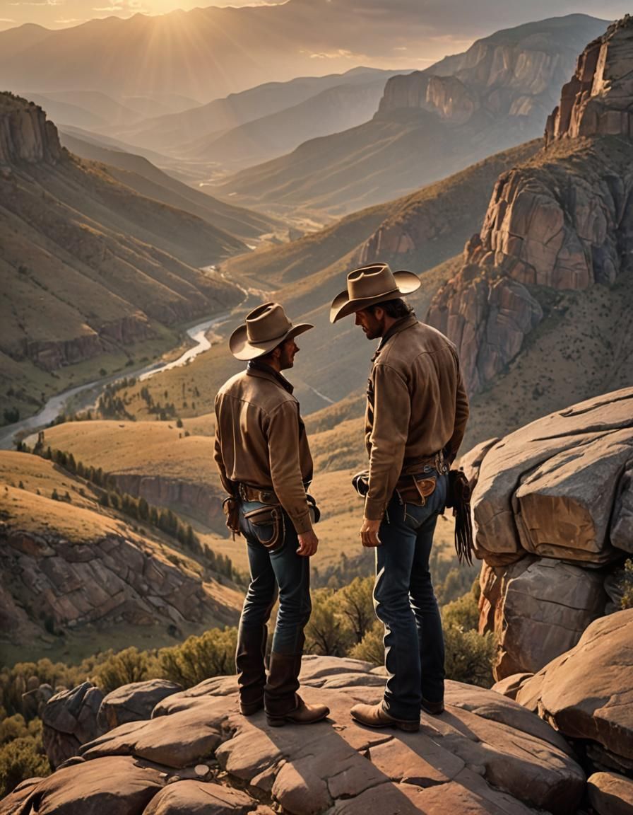 Cowboys on a Mountain Cliff at Sunset