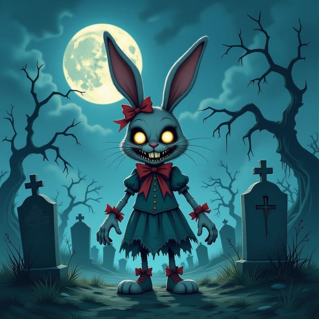 Macabre Easter Bunny in a Tim Burton Style Graveyard
