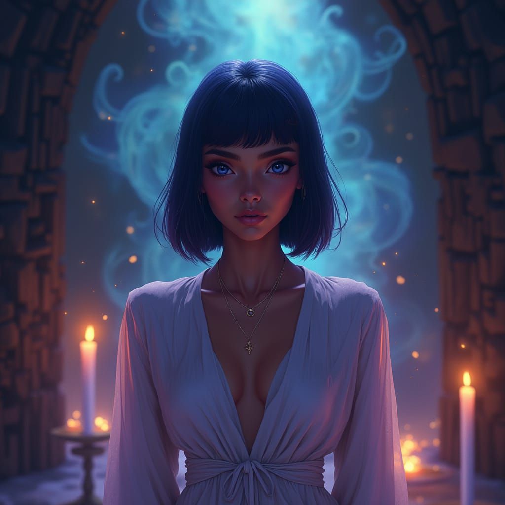 Ethereal Goddess in Candlelit Chamber