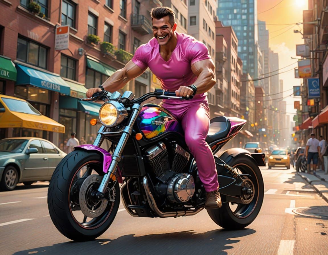 Muscular Man Rides Rainbow Motorcycle in Vibrant City Digita...