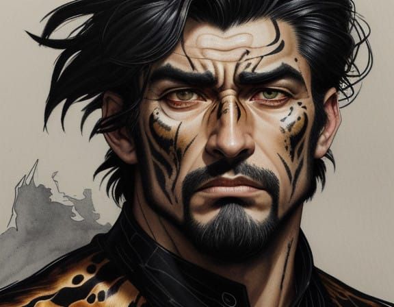 Rugged Hero in Vibrant Tiger Stripe Ink Sketch