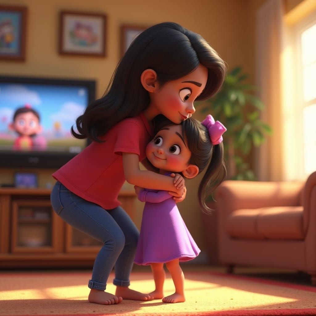 Mother and Daughter Embrace in Pixar-Style 3D Animation