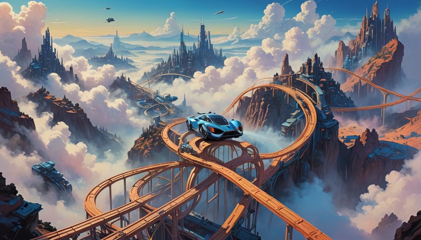 Futuristic Roller Coaster Through Iridescent Clouds